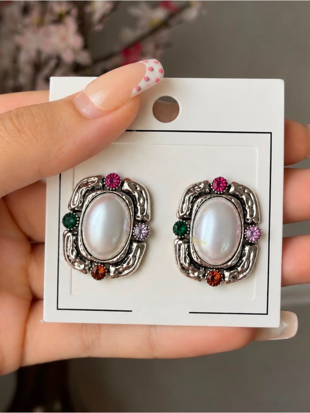 Silver-Tone Faux Pearl Earrings with Pink, Green & Purple Accents